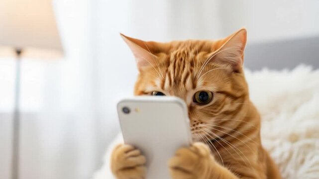 Surprised ginger tabby cat looking at a smartphone with an amazed expression, showcasing the funny reaction of a pet to technology and social media