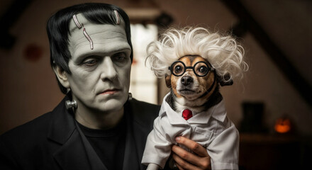 a cute little dog dressed as a mad scientist with the monster of frankenstein