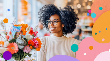 Smiling Black woman with glasses holding colorful flower bouquet, surrounded by playful abstract shapes, embodying joy and vibrant urban life