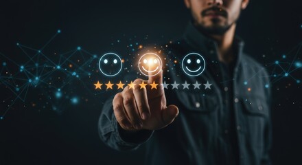 Man is giving a feedback and rating with a smiley face on a digital screen
