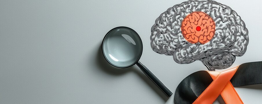 Magnifying glass inspecting brain illustration with awareness ribbon symbol