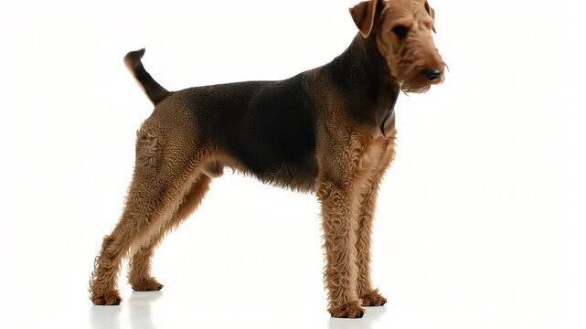 Alert Airedale Terrier Breed Standing Calmly With Shiny Brown Fur on a White Background