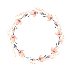 Fototapeta premium Hand-painted watercolor floral wreath with peach flowers delicate leaves isolated on white. Botanical round frame in boho style, perfect for wedding invitations, baby showers, logos or greeting cards.