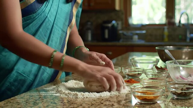 Professional cinematic shot of a traditional Indian woman preparing food in a bright, modern kitchen, surrounded by colorful spices.
