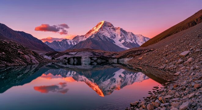 Nanga Parbat reflected in a still alpine lake.