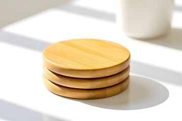 Stacked Round Bamboo Coasters on White Surface