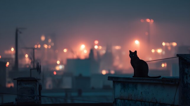 Nocturnal Urban Explorer: A mysterious midnight cat embraced by the soft glow of distant city lights on an ancient rooftop at sundown, evoking serene curiosity and urban discovery.