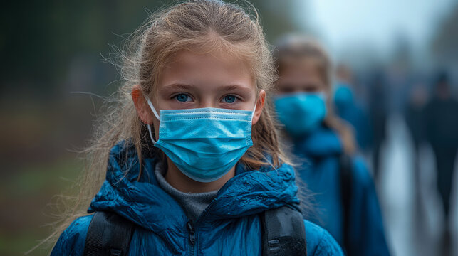 Earnest young girl wearing blue protective face mask and jacket looks directly at camera, with blurred background of other masked individuals, illustrating communal health measure.