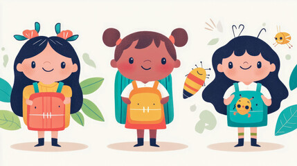 Three adorable and diverse cartoon girls with colorful backpacks, ready for school or fun adventure in playful, nature-inspired setting with friendly bugs and vibrant leaves.