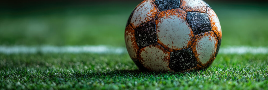 Eye-level shot of well-worn, dirty soccer ball featuring black, white, and orange patches, resting on vibrant green grass field near blurred white line, symbolizing played game - Powered by Adobe