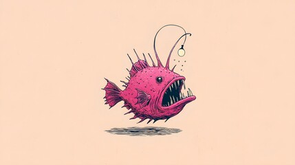 Captivating cartoon line art depiction of an angler fish in an imaginative and minimalist underwater scene full of creative charm