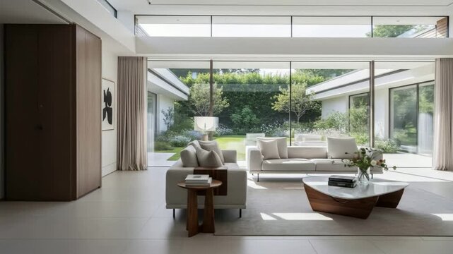 Showcasing Modern Luxury Living Room with Garden View - Serene Interior Design