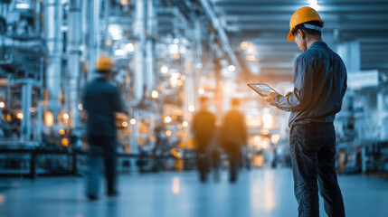 Worker in Safety Gear Using Tablet in Modern Industrial Factory with Machinery in Background
