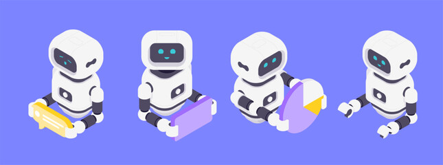 Isometric vector illustration featuring AI robots symbolizing messaging, mobile apps, data analysis, and adaptive interaction in a friendly and modern technological environment.