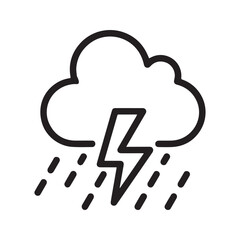 Thunderstorm with rain icon, simple black outline vector illustration of a stormy cloud with lightning bolt and raindrops. Severe weather forecast symbol isolated on white.
