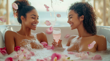 Joyful and serene moment of two diverse women relaxing and celebrating in luxurious bubble bath with pink rose petals and sparkling drink