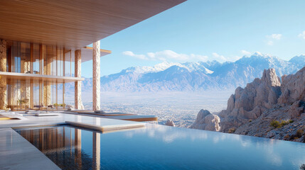 Modern luxury cliffside residence featuring infinity pool with panoramic views of vast valley city and majestic snow-capped mountains under bright sky