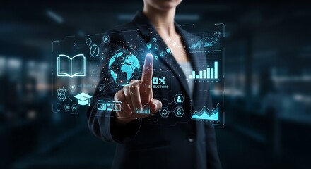 Fototapeta premium Business Professional Interacting with Advanced Virtual Interface System Featuring Holographic Business Process Visualization