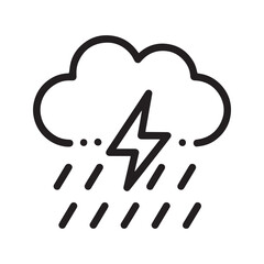 Thunderstorm with rain icon, simple black outline vector illustration of a stormy cloud with lightning bolt and raindrops. Severe weather forecast symbol isolated on white.
