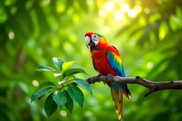 Vibrant Macaw Parrot Perched on a Branch in Lush Greenery