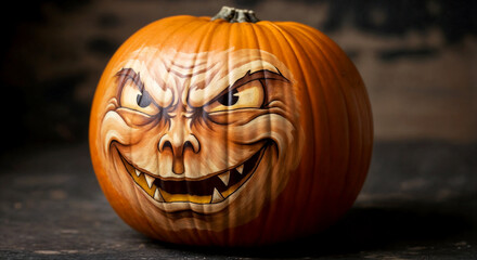a painted pumpkin with a scary monster face for halloween