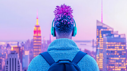 Neon-drenched cityscape at dusk, observed by person with distinct purple hair and teal headphones, capturing futuristic urban exploration