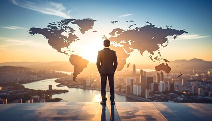 Plakat Businessman overlooking global city