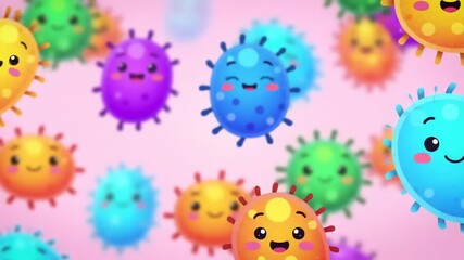 A vibrant collection of cute bacteria cartoon germs and friendly virus characters in a colorful illustration.