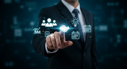 Fototapeta premium Business Professional Interacting with Advanced Virtual Interface System Featuring Holographic Business Process Visualization