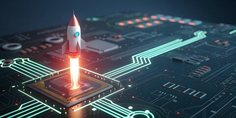 Fototapeta premium Rocket Launching from Computer Chip with Glowing Circuits and Fiery Exhaust circuit board