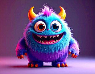 Śmieszny, mały włochaty potworek z rogami. Fantazyjna, bajkowa postać, 