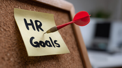 Dart Targeting HR Goals on Sticky Note in Office Environment With Blurred Background in Corporate Setting