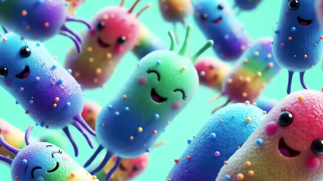 A vibrant microscopic world filled with a colony of friendly, colorful bacteria cartoon characters with smiling faces.