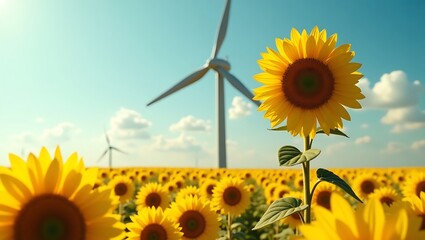 Sunflower field with wind turbines under blue sky renewable energy and agriculture landscape scenery