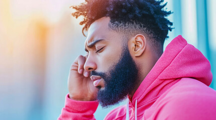 Close-up of young Black man with beard and curly hair, eyes closed and hand on his temple, appearing deep in thought or experiencing discomfort in soft, bright light.