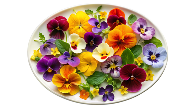 Top-Down View of Edible Flowers (Pansies, Violas, Nasturtiums) Scattered – Photorealistic, Isolated on Transparent Background, AI Generated