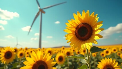 Sunflower field with wind turbines renewable energy and beautiful blue sky landscape photography