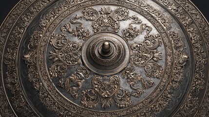 Intricate ancient shield with ornate metalwork and central boss, evoking history and strength.
