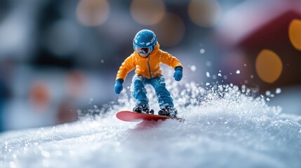 Miniature Snowboarder Performing Tricks in Winter Wonderland Scene