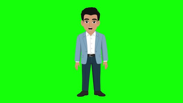 Young businessman talking character and explaining animation front View green screen