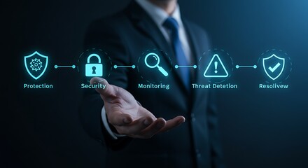 Business Professional Interacting with Advanced Virtual Interface System Featuring Holographic Business Process Visualization