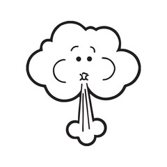 Windy weather icon, cute cartoon cloud character blowing wind. Simple black outline vector illustration for coloring page or forecast symbol, isolated on white.
