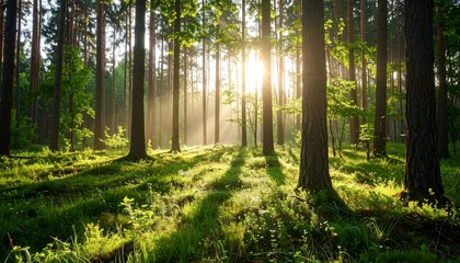 Obraz premium Sunlight streams through a lush forest (1)