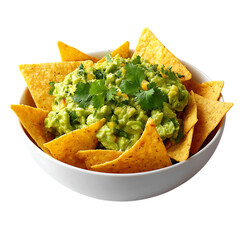Bowl of guacamole with tortilla chips isolated on transparent background
