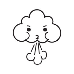 Windy weather icon, cute cartoon cloud character blowing wind. Simple black outline vector illustration for coloring page or forecast symbol, isolated on white.
