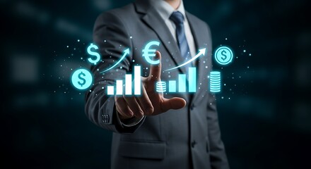 Business Professional Interacting with Advanced Virtual Interface System Featuring Holographic Business Process Visualization