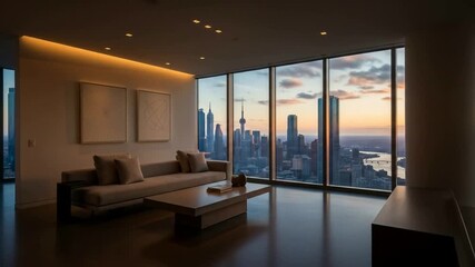 Living Room View: Stunning City Skyline at Sunset - Luxury Apartment - Powered by Adobe