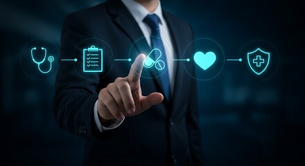 Business Professional Interacting with Advanced Virtual Interface System Featuring Holographic Business Process Visualization