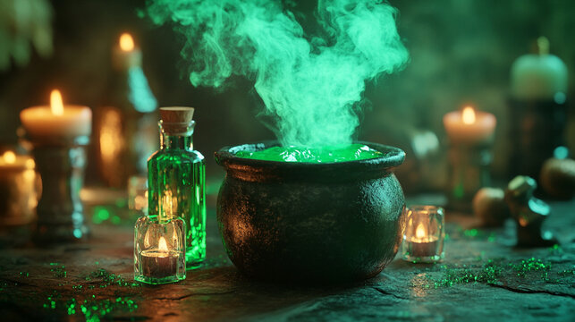 Close-up of bubbling cauldron, crystal bottles reflecting green light, candle flames dancing in mystical rhythm