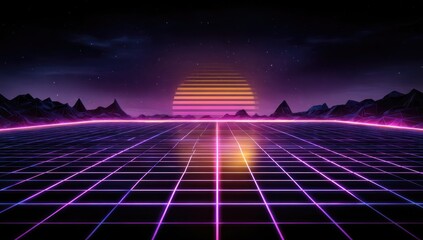 80s digital landscape. Sunset over grid